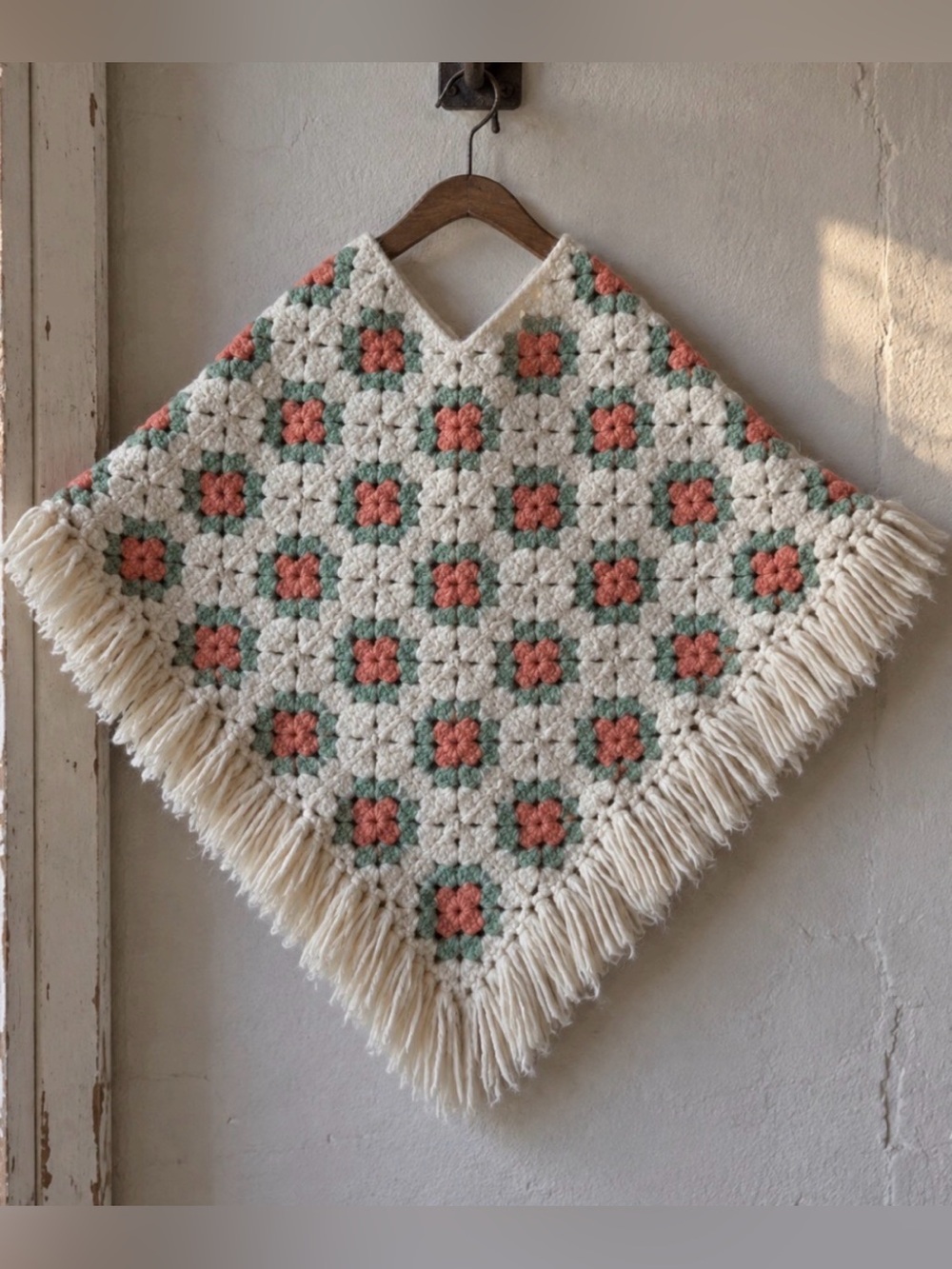 Vintage 70’s Crochet Poncho Girls Size Small Pastel Granny Square Fringe